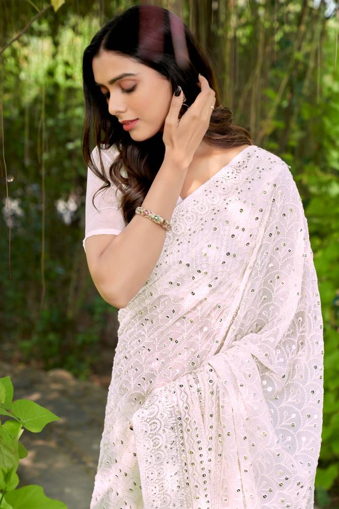 White Tone Thread Embroidery Georgette Designer Sarees Wholesale Price In Surat